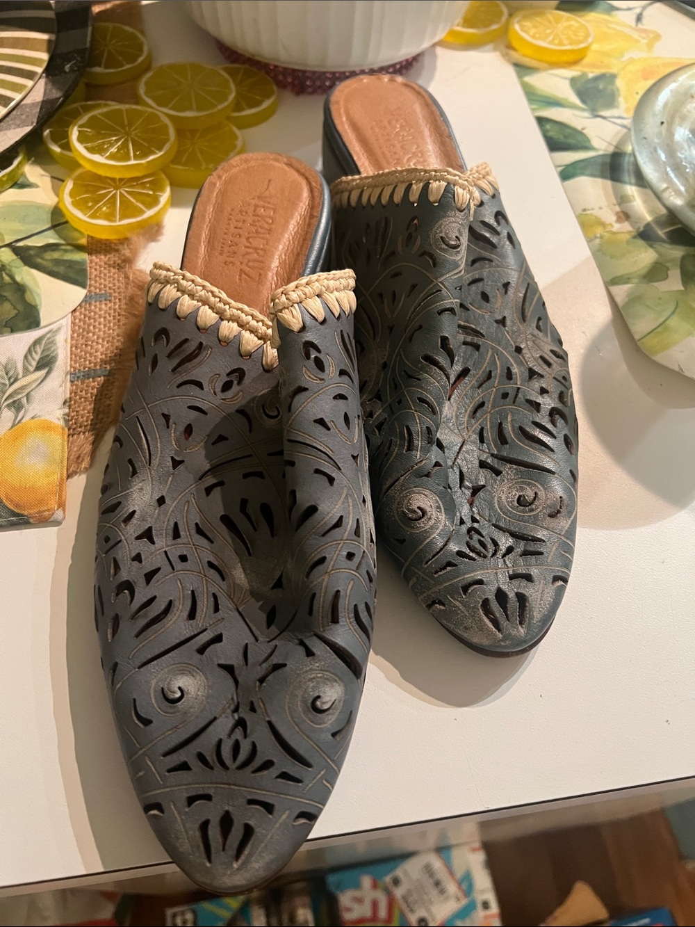 Sundance Vera Cruz Olivetta Mules featuring teal blue laser-cut leather size 41